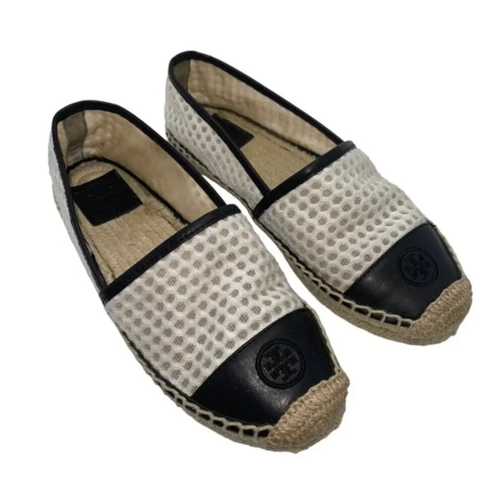 Tory Burch Espadrilles Women Size 6.5 US Black White Mesh Vegan‎ Leather Grenada
